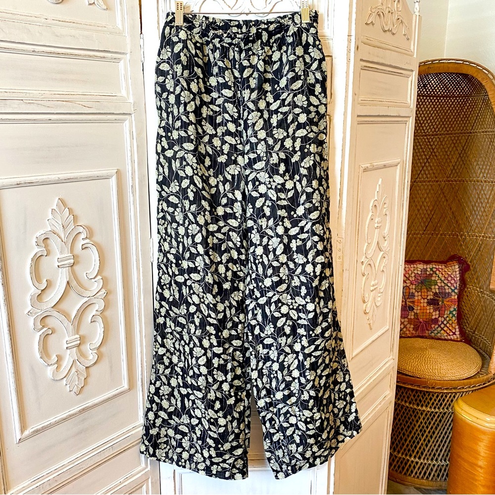Zara Gauze Palazzo Pants Wide Leg Black Floral Metallic Thread Size S